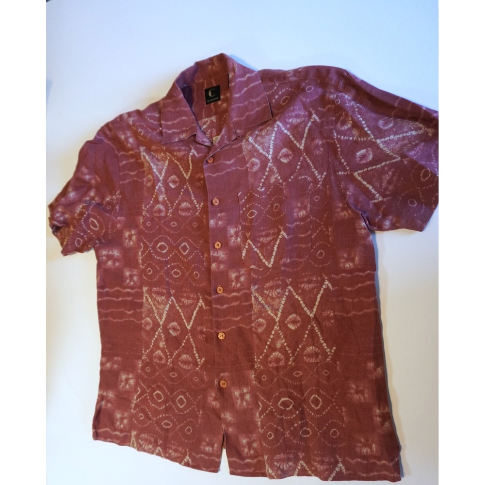 The Collection Mens Medium Red Batik Print 100% Linen Short Sleeve Button Shirt